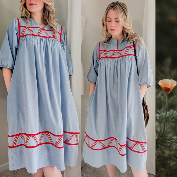 Vintage Dresses & Skirts - 70s Blue Krist Gudnason for Rainbow Trim Cotton 1970s Vintage Midi Shift Dress